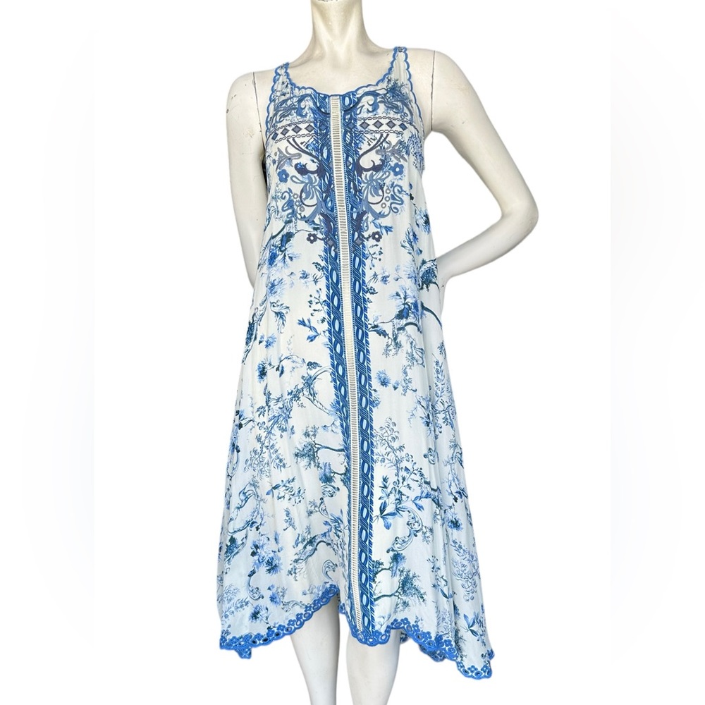 Johnny Was "Avalon Slip Dress" Blue & White Floral 100% Silk MIDI Dress XXS - Picture 3 of 14